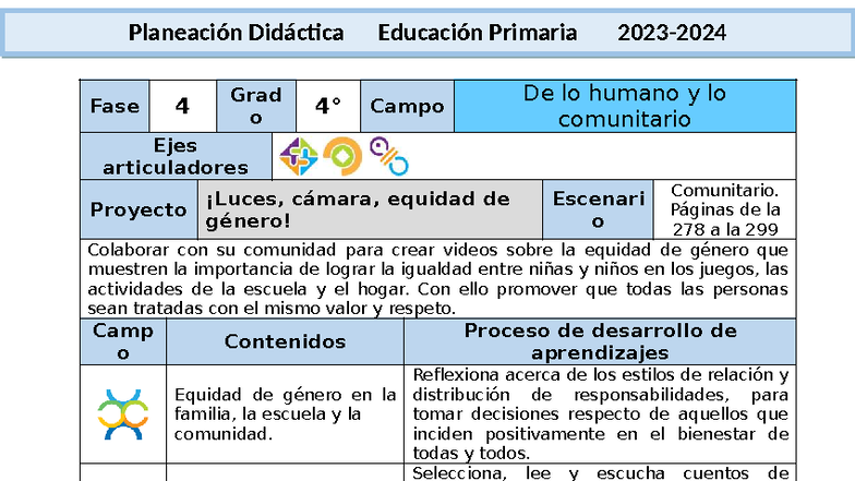 Planeación Didáctica Fase 4: Proyecto de Equidad de Género en Educación Primaria - Document Preview