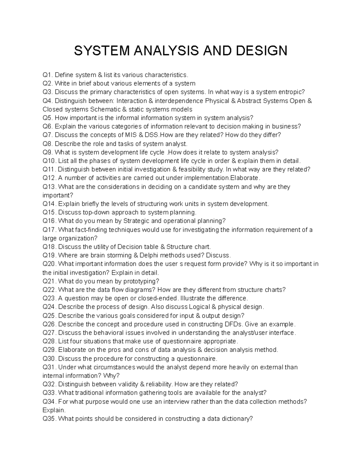 System Analysis and Design Q1-Q70: Comprehensive Question Bank - Studocu