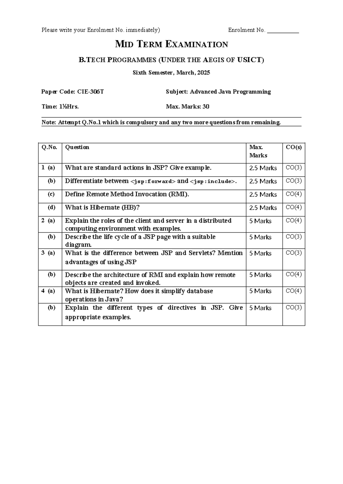 Advanced Java Programming MID TERM EXAM B.TECH 6th Sem March 2025 - Studocu