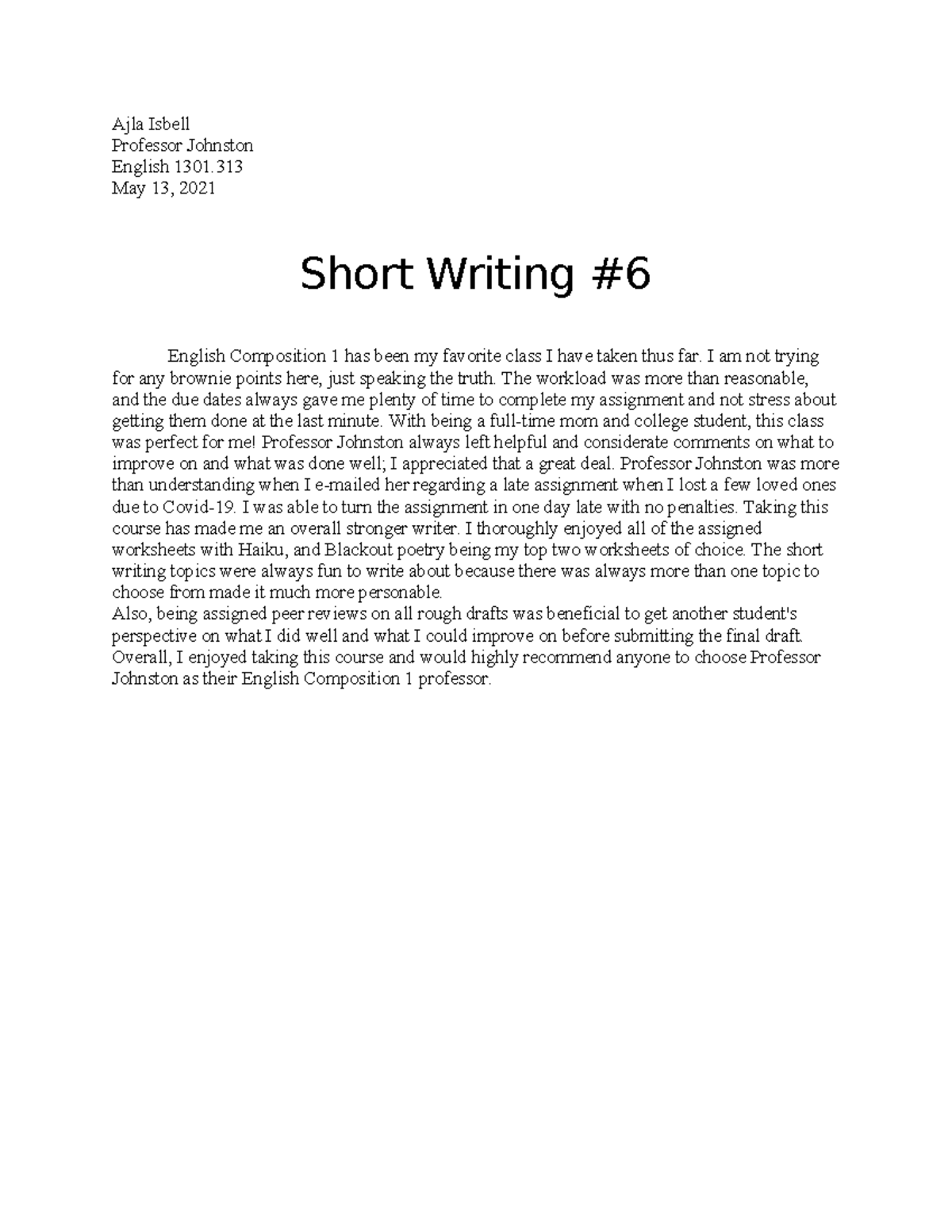 English 1301.313: Reflection on Short Writing Assignments - Studocu