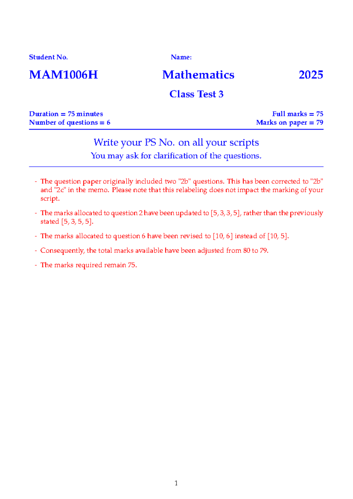 MAM1006H Mathematics Class Test 3 Solutions 2025 - Studocu