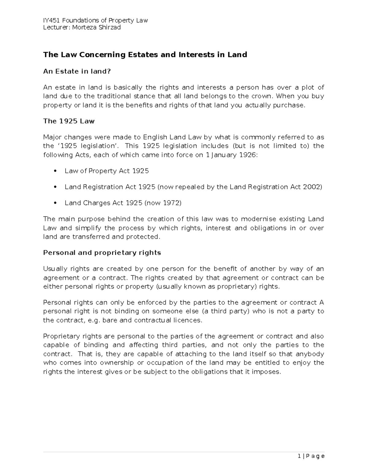 Estates and Interests in Land: Notes by Morteza Shirzad (LAW 101) - Studocu