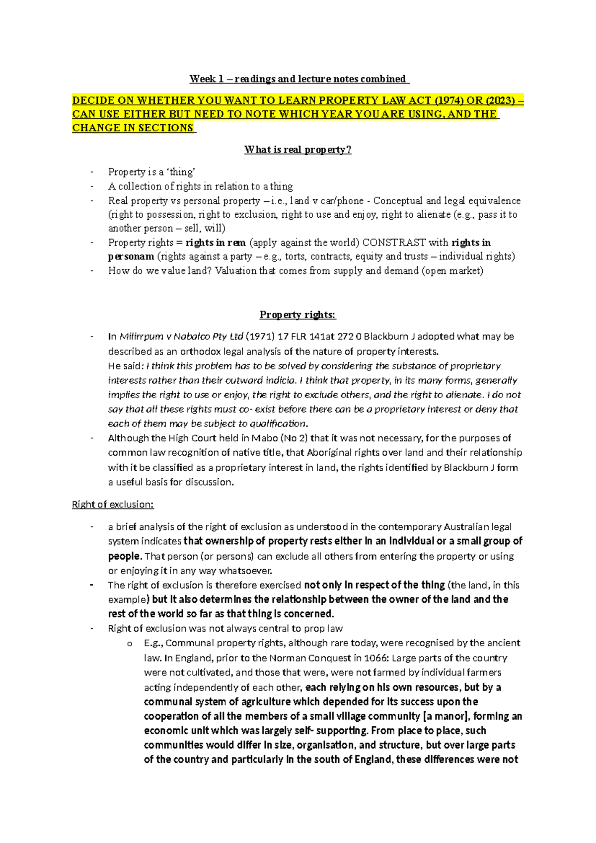 Property Law Lecture Notes: Week 1 Overview and Key Concepts - Studocu