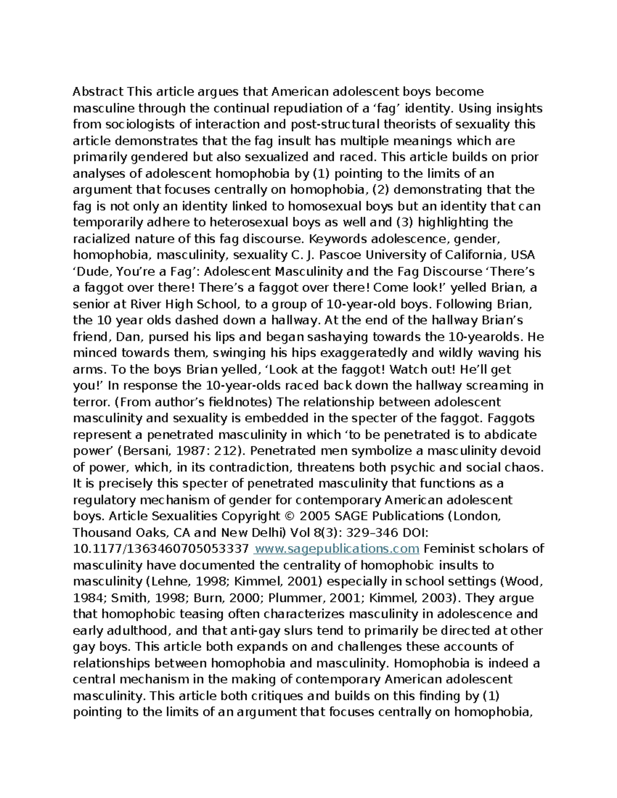Masculinity and Homophobia in Adolescence: A Sociological Study - Studocu