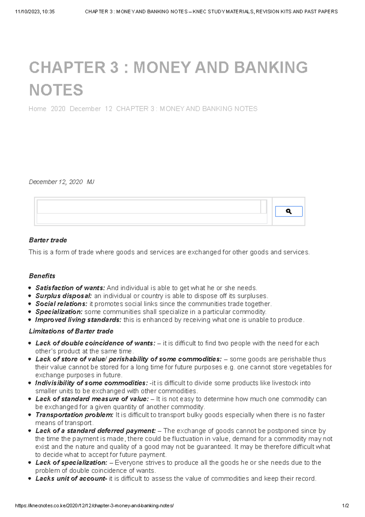 Chapter 3 Money AND Banking Notes – KNEC Study Materials, Revision KITS ...