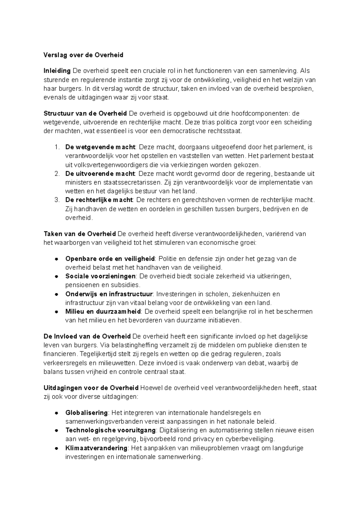 Verslag over de Overheid: Structuur, Taken en Uitdagingen - Studeersnel