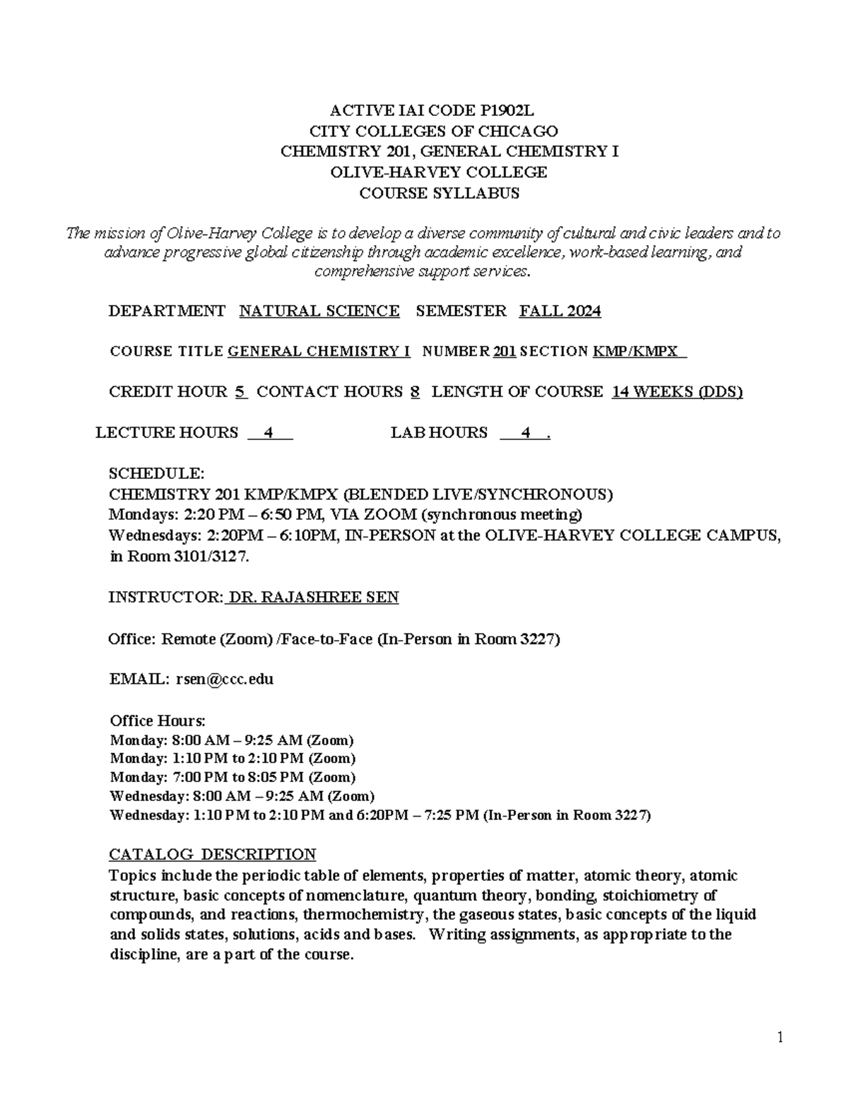 FA24 CHEM 201 DR. SEN General Chemistry I Syllabus & Course Outline ...