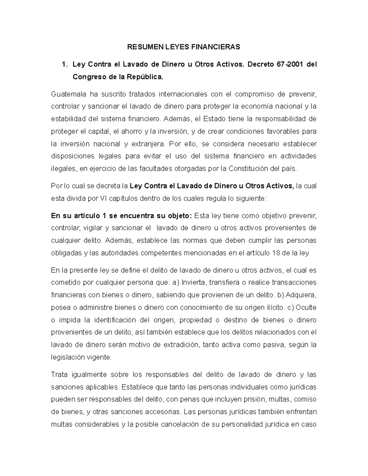 Resumen Ley Contra el Lavado de Dinero y Activos (Decreto 67-2001 ...