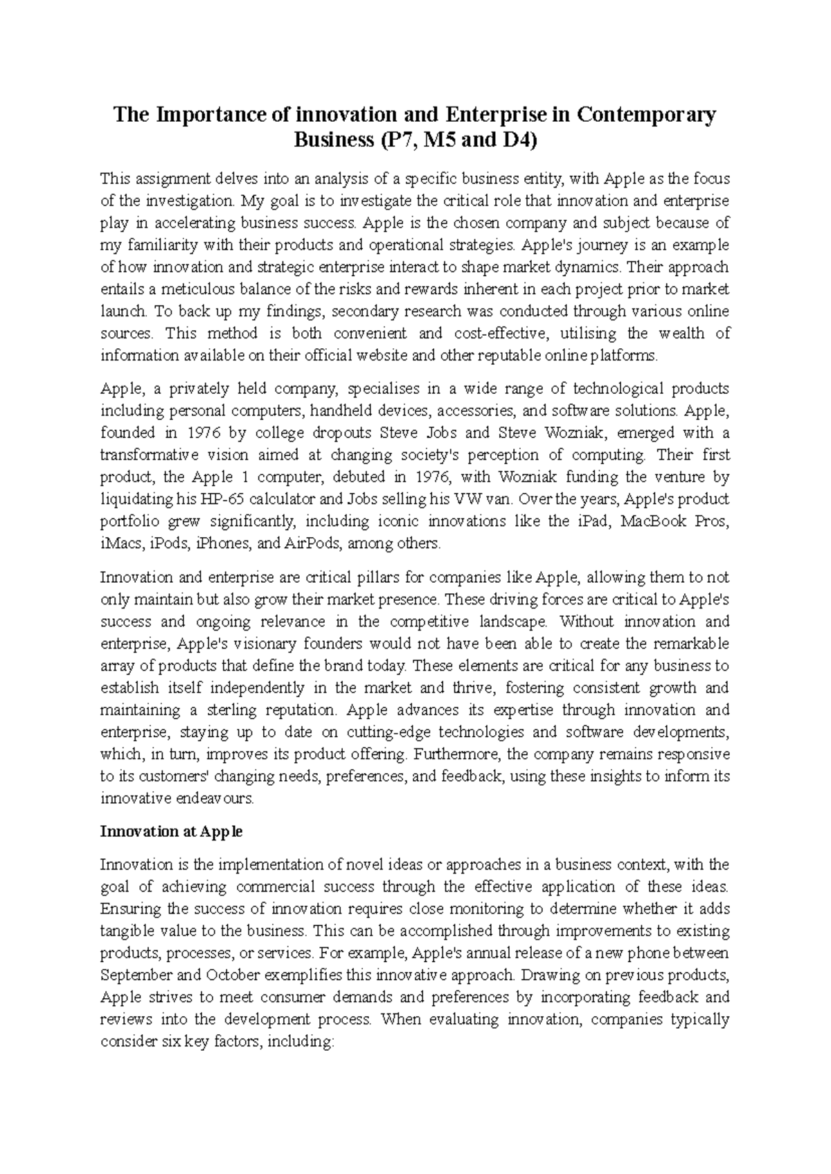 Unit 8 A3 - The Role of Innovation & Enterprise at Apple (BTEC) - Studocu