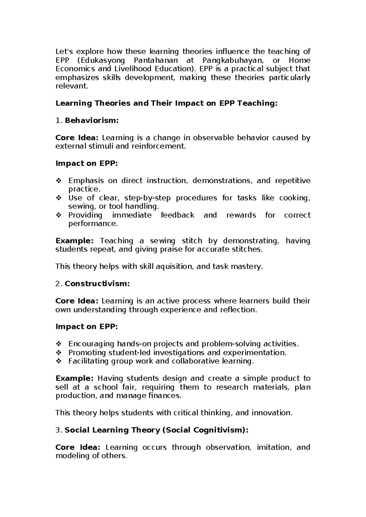 Learning Theories' Influence on EPP Teaching (EPP) - Studocu