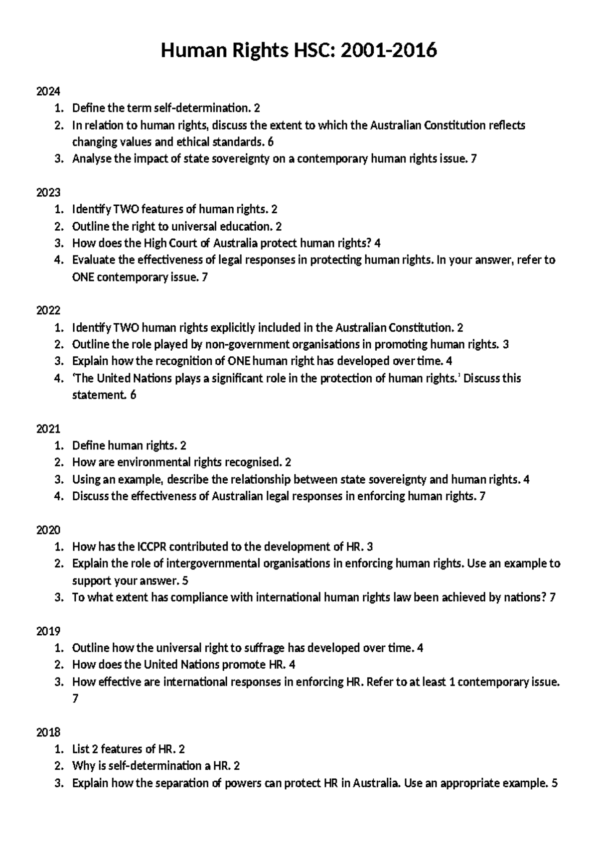 HSC Human Rights: Comprehensive Past Exam Questions (2011-2024) - Studocu