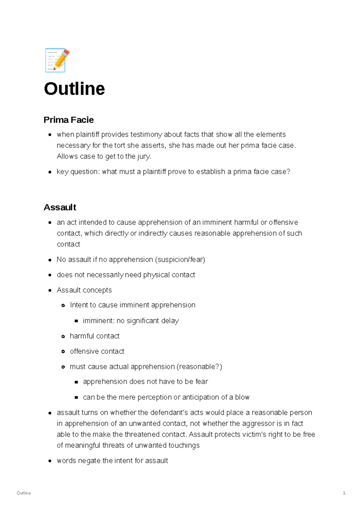Torts Outline: Key Principles and Concepts for Exam Preparation - Studocu