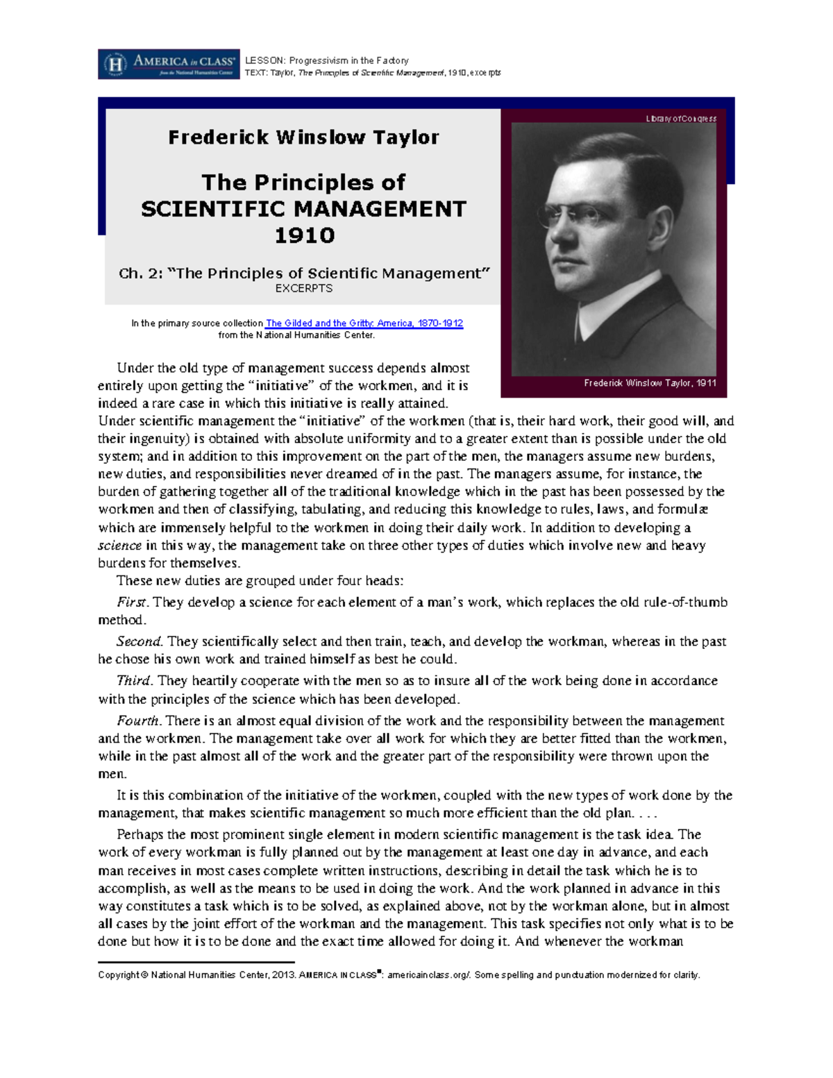 AHR 101: Lesson on Taylor's Scientific Management Principles (1910 ...