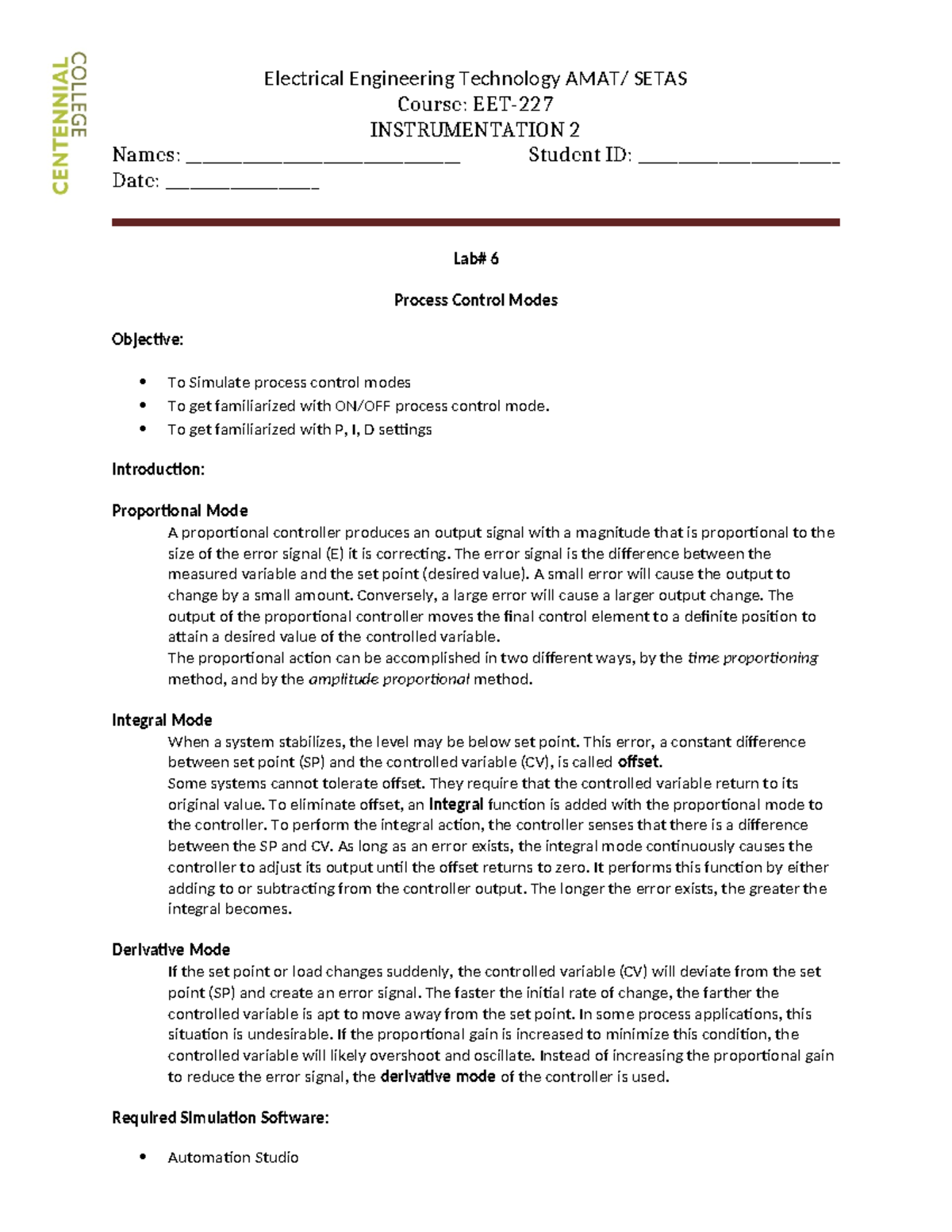 EET227 W24 Lab 6: Simulation of Process Control Modes and PID Settings ...