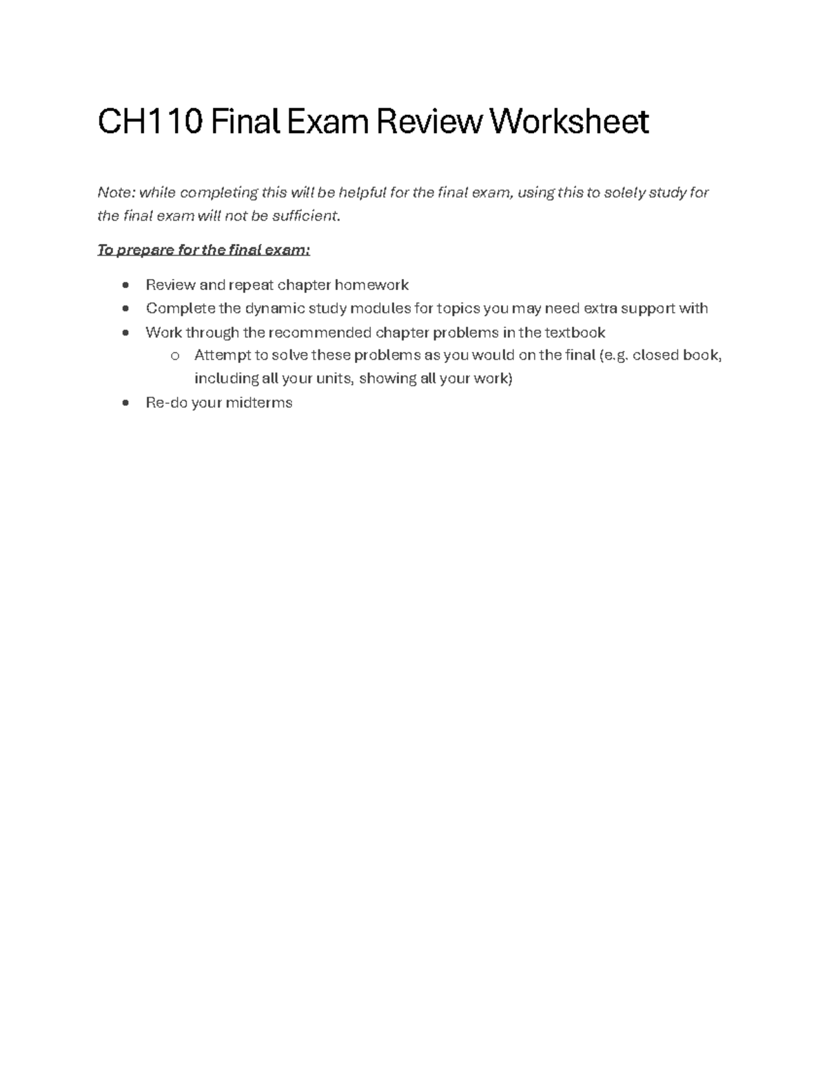 CH110 Final Exam Review Worksheet: Key Concepts & Practice Problems ...