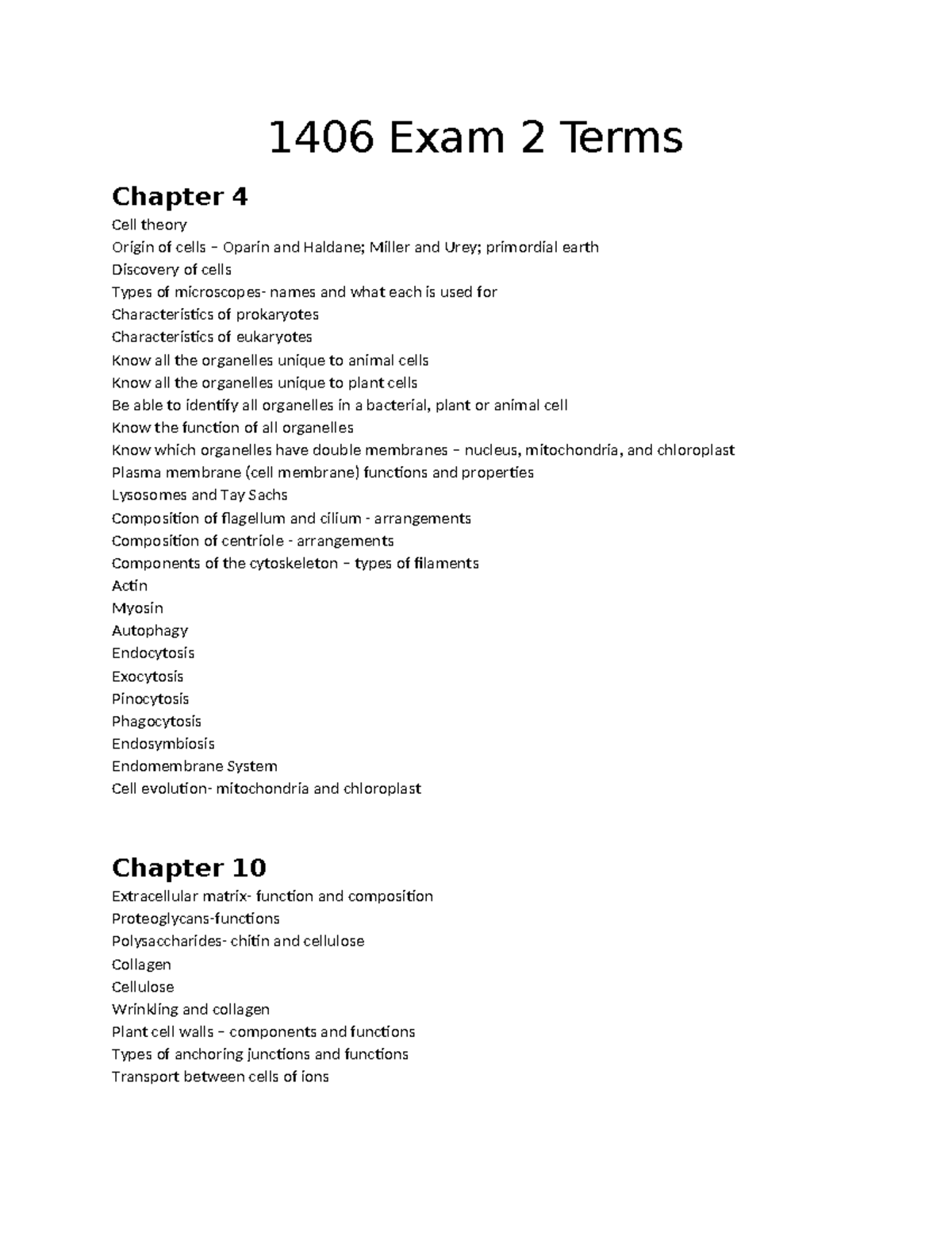 Exam 2 Study Guide for Biology 1406: Cell Structure and Function - 1406 ...