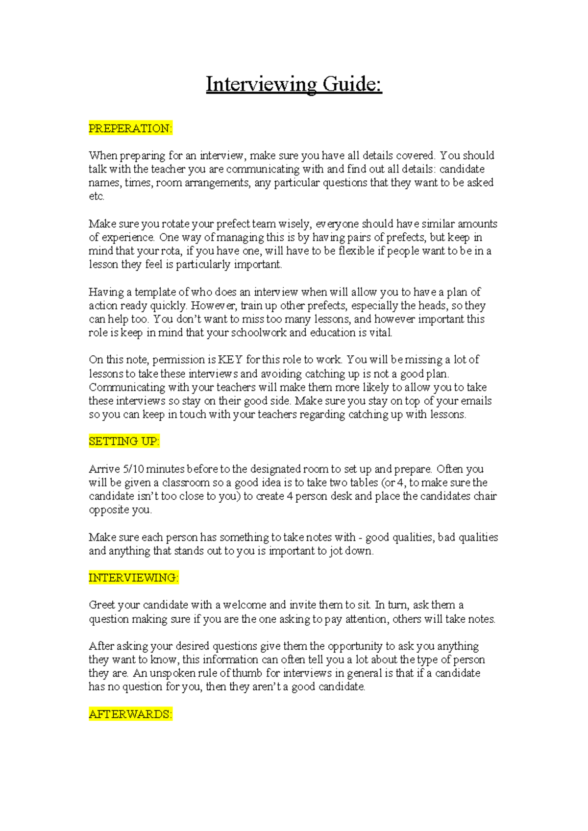 Interviewing Guide 2020 - Interviewing Guide: PREPERATION: When ...