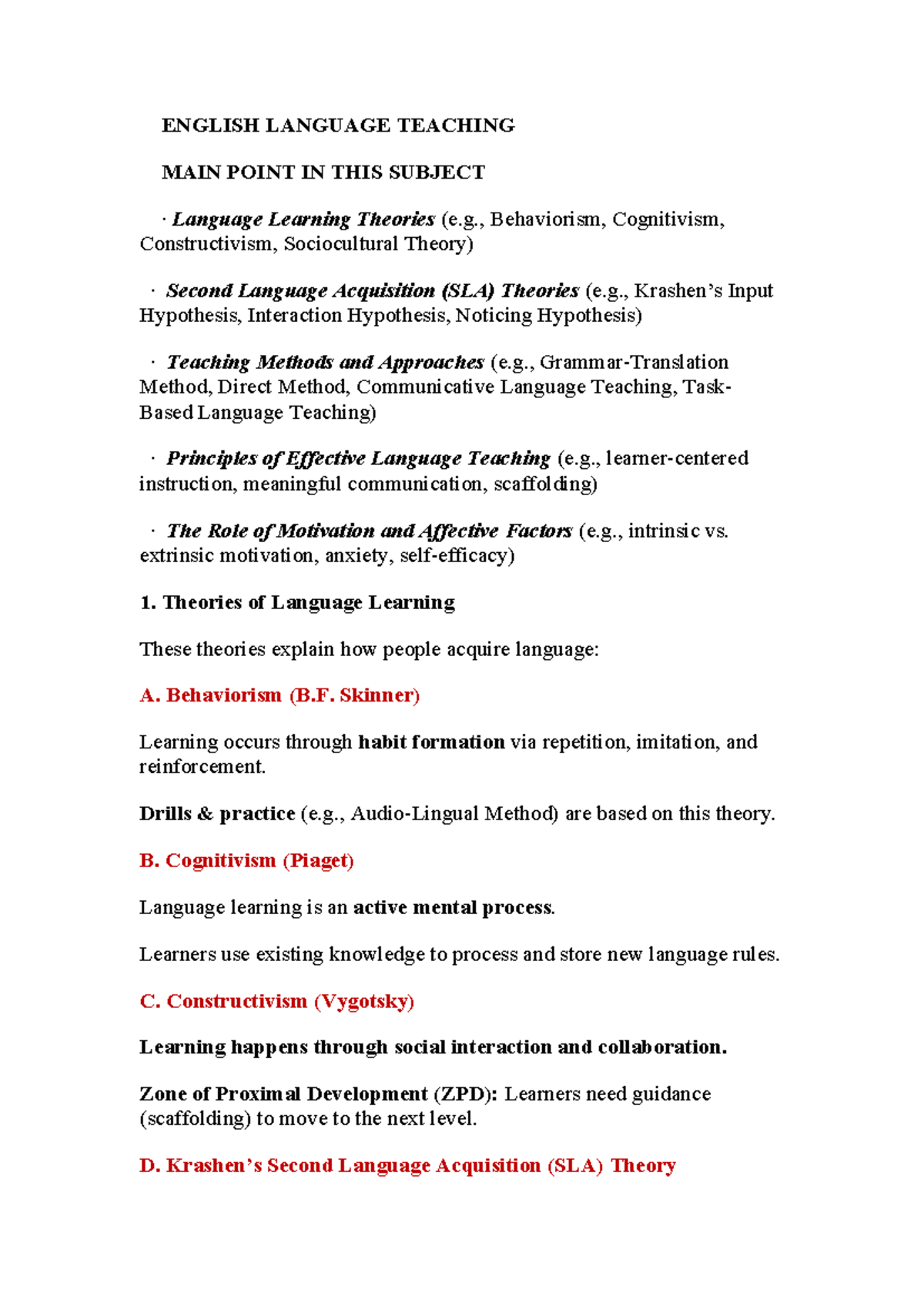 ENGLISH 101: Key Language Learning Theories and Teaching Methods - Studocu