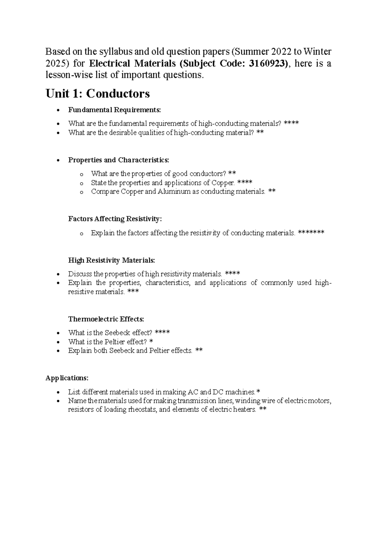 Question Bank for Electrical Materials (3160923) - Important Topics ...