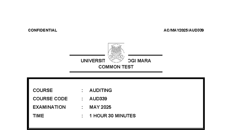 May 2025 AUD339 Common Test: Auditing Examination Paper - Studocu