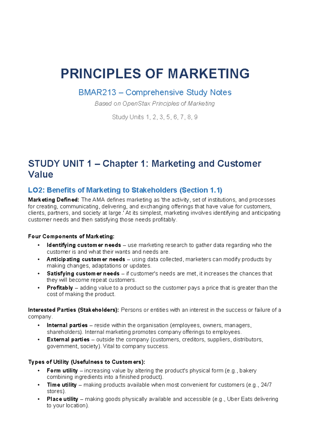 BMAR213 Principles of Marketing Comprehensive Study Notes - Studocu