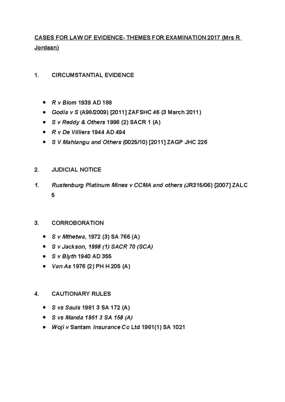 Evidence Law Cases for Exam - Themes 2017 (Course Code: 23) - Studocu