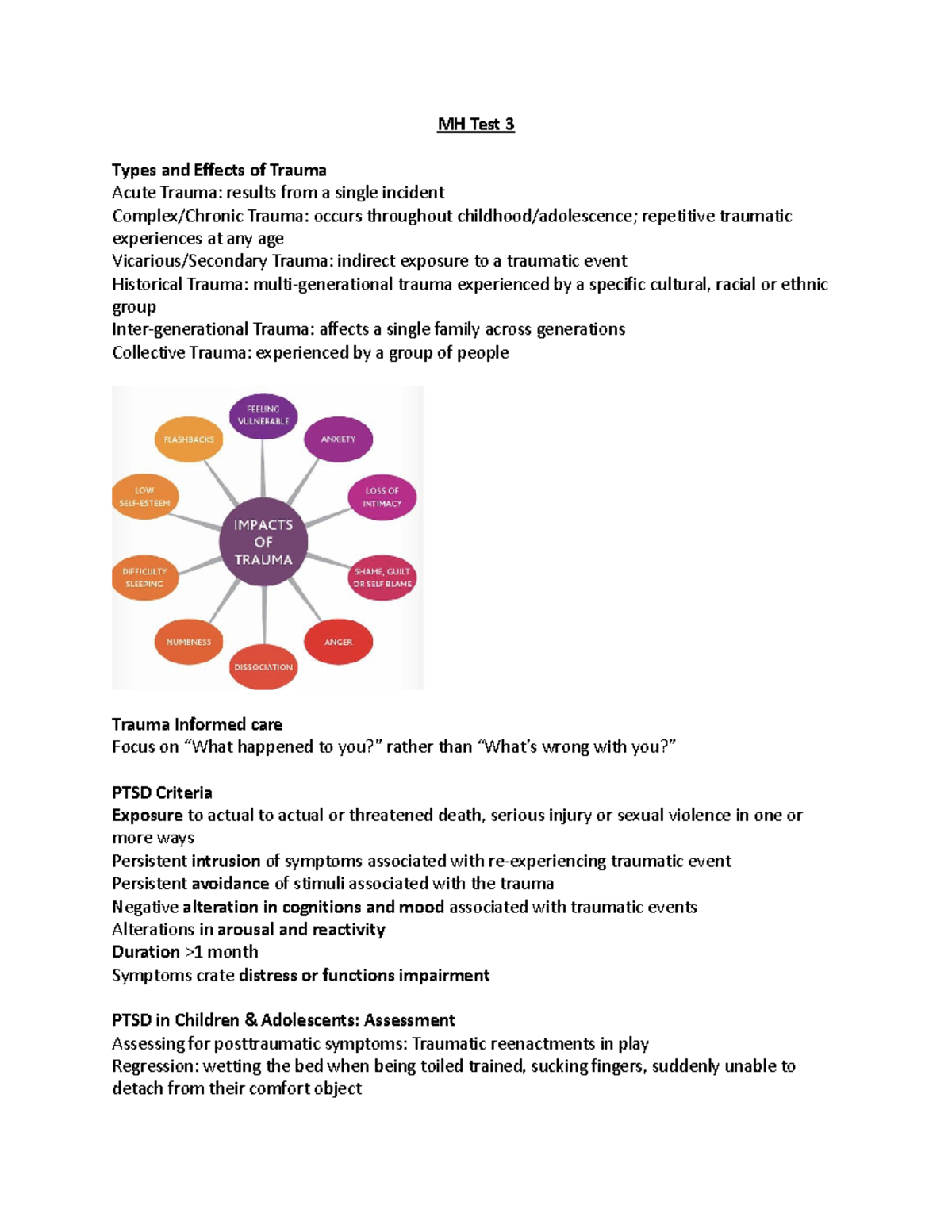 MH Test 3 - study guide - MH Test 3 Types and Effects of Trauma Acute ...
