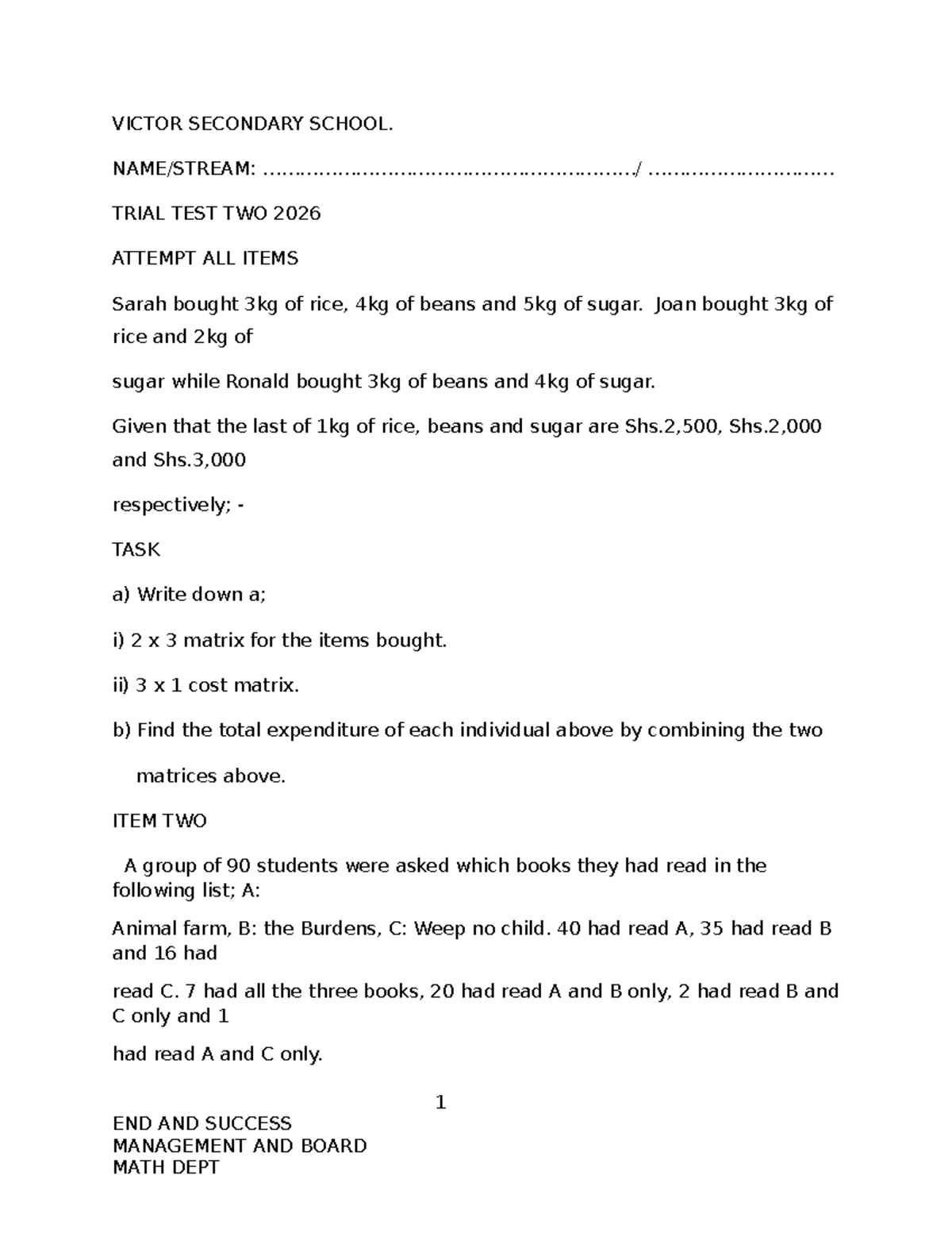 VICTOR SECONDARY SCHOOL MATH 2026 TRIAL TEST TWO - Studocu