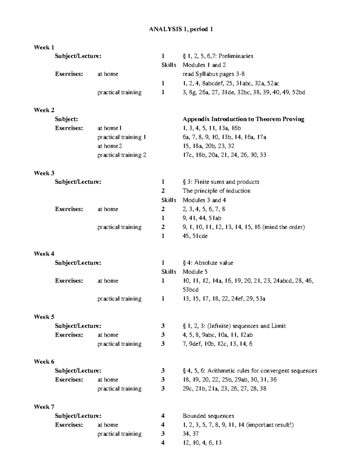 ANALYSIS 1 Period 1 Course Schedule and Weekly Exercises - Studeersnel