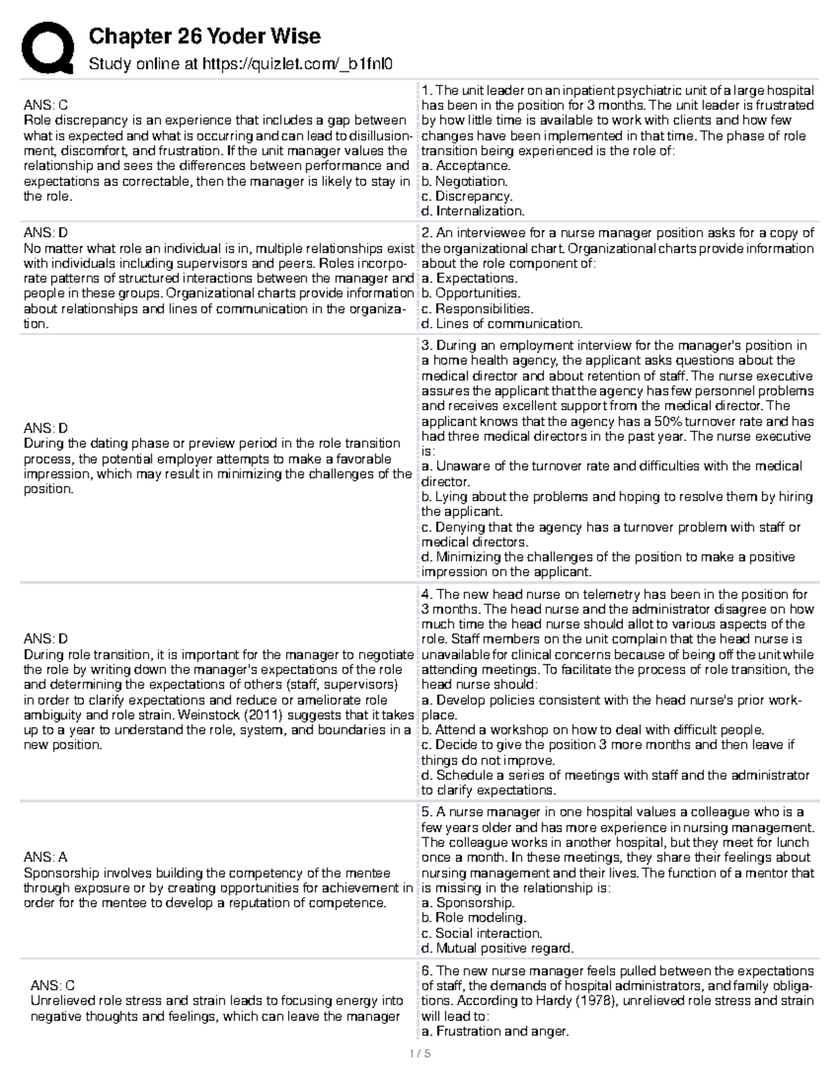 Chapter 26 Yoder Wise - Role Transition Practices and Challenges - Studocu