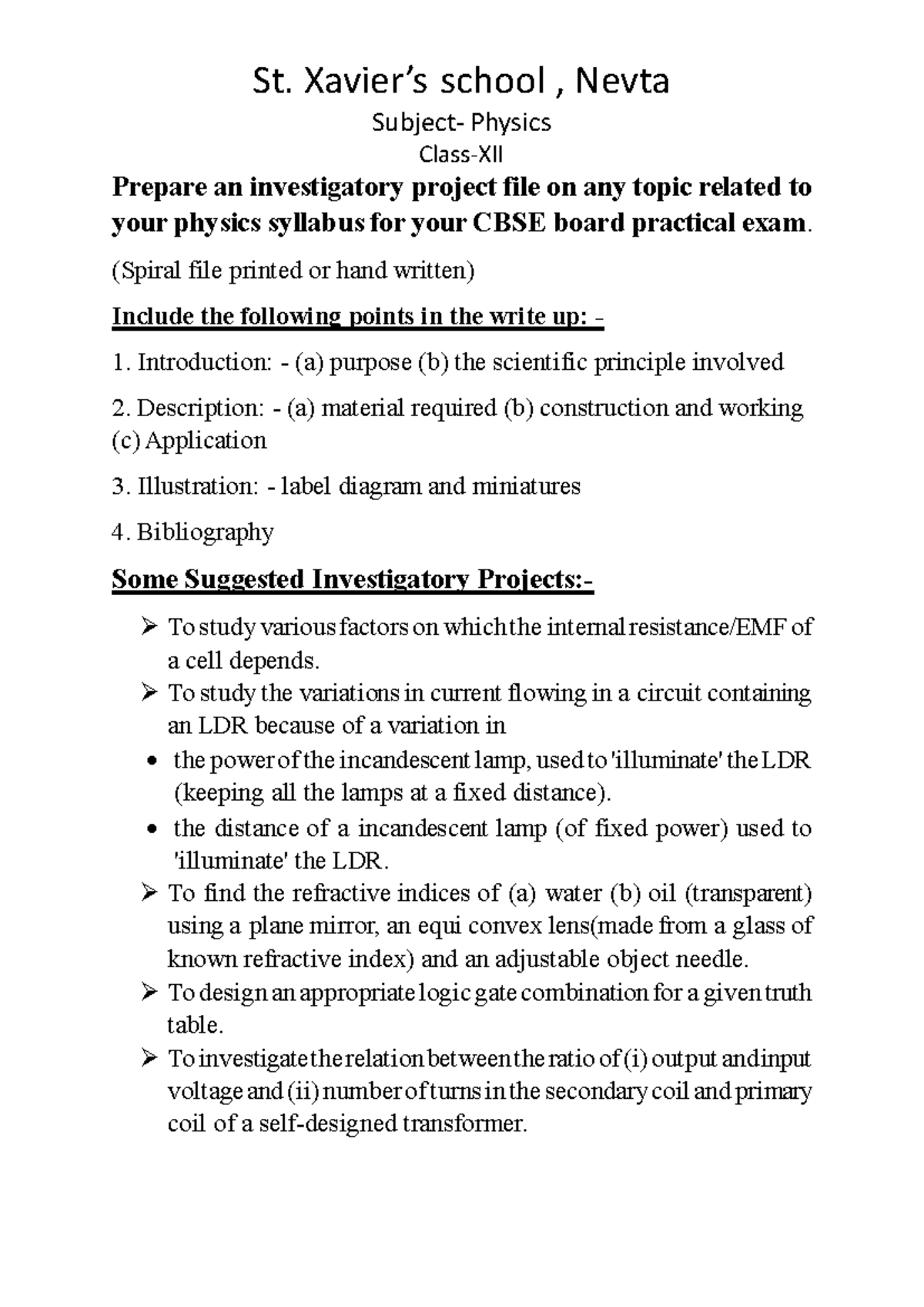 Investigatory Project File for CBSE Physics Class 12 - Studocu