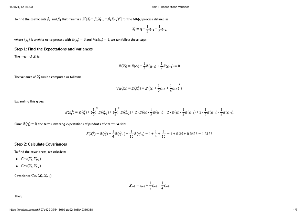 AR1 Process Mean Variance Analysis for MA(2) - Course 8:1111 - Studocu