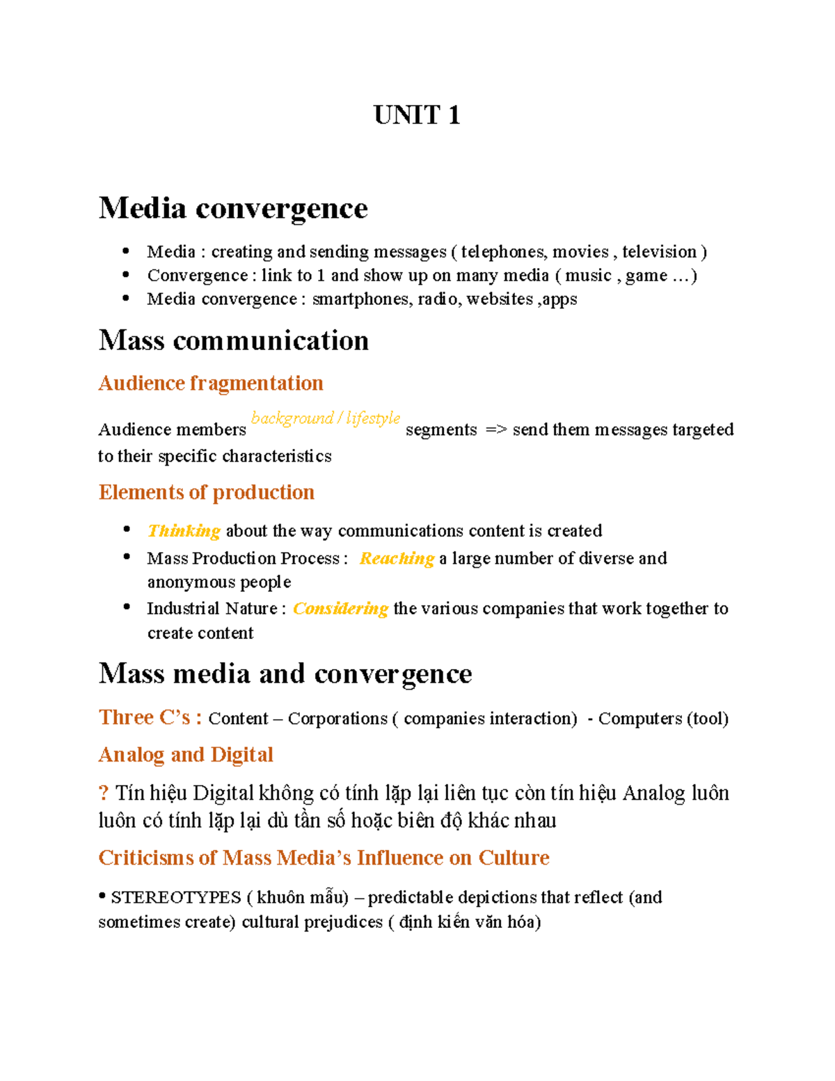 UNIT 1 - Media Convergence and Mass Communication Overview - Studocu
