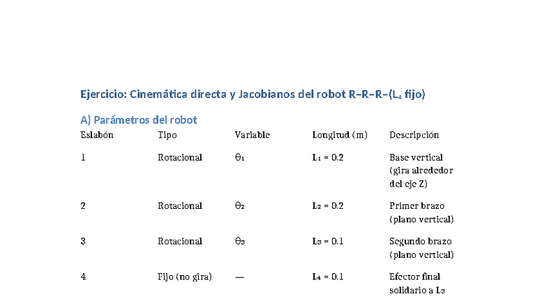 Cinemática Directa y Jacobianos del Robot Fijo (RRR) - Studocu