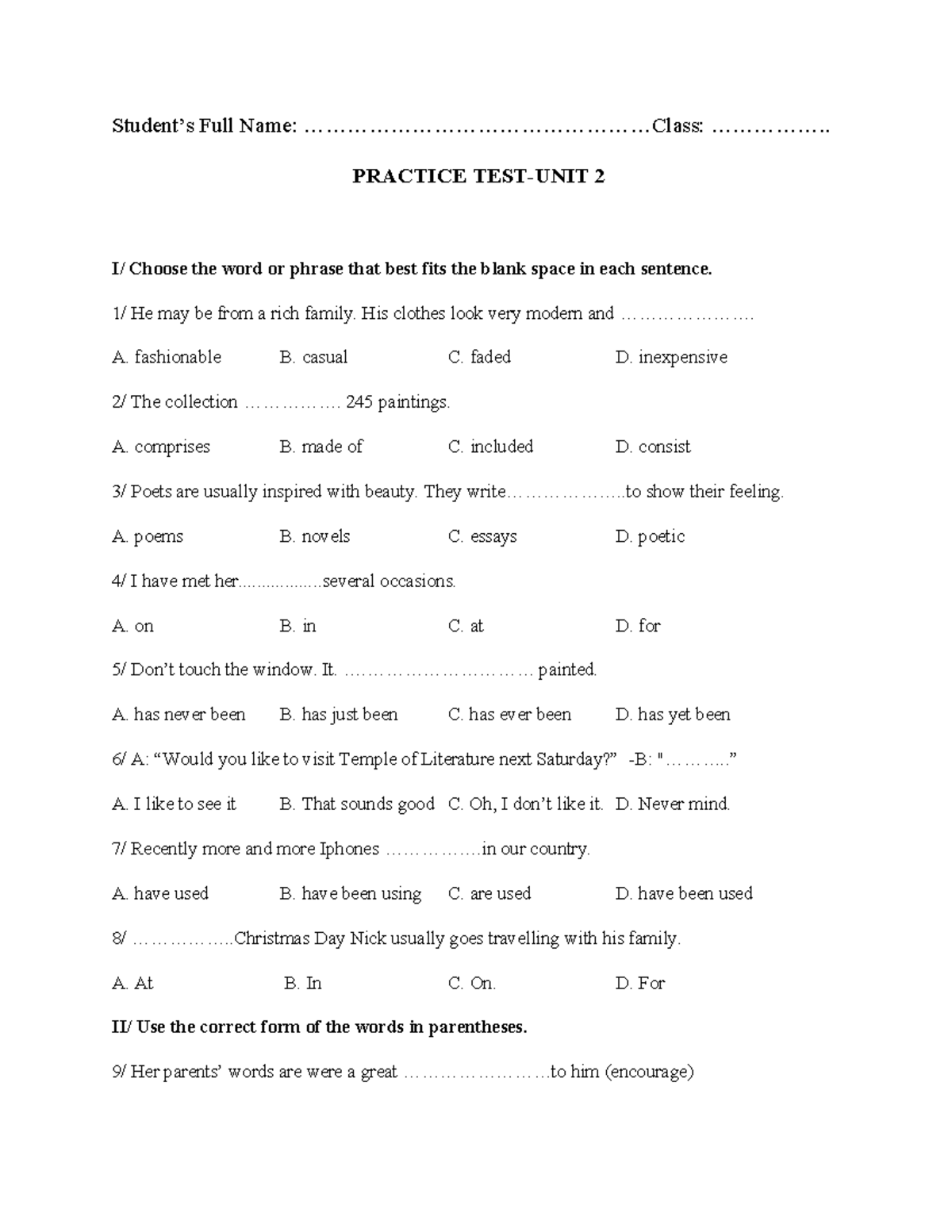 Practice Test: Vocabulary and Grammar Exercises - Studocu