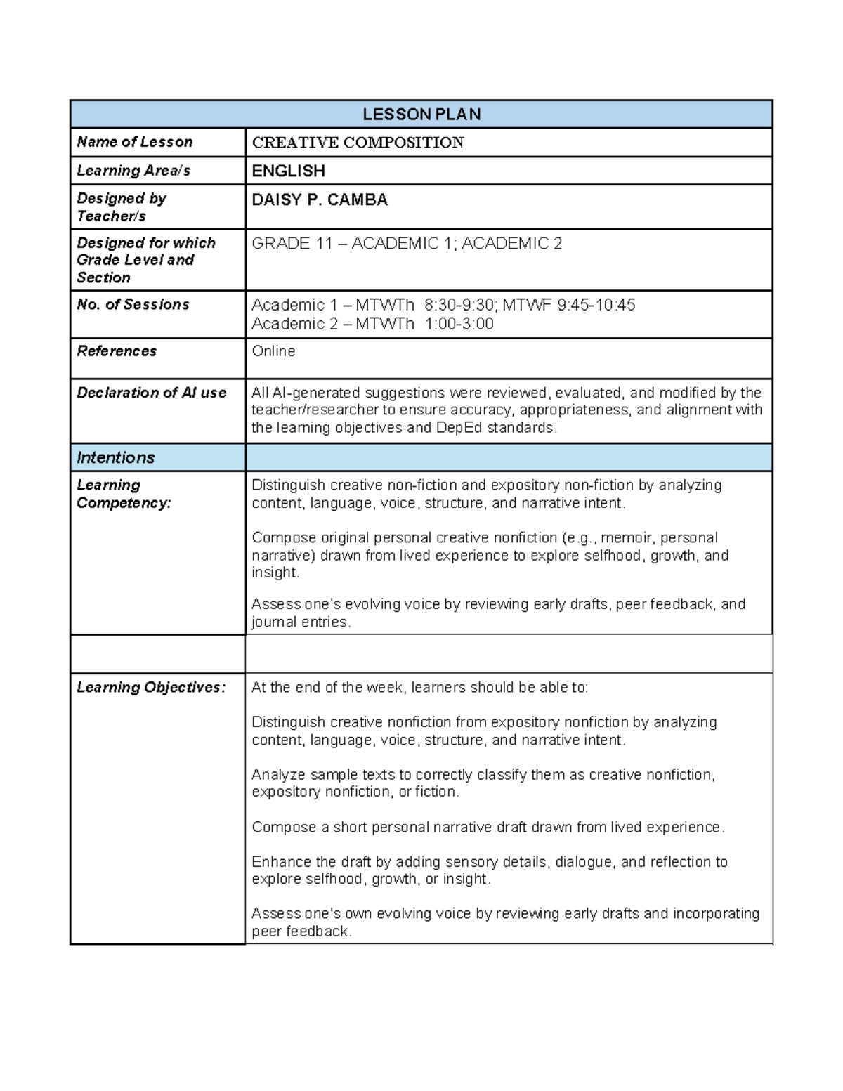 ILAW- Lesson Plan for Creative Composition in Grade 11 - Studocu