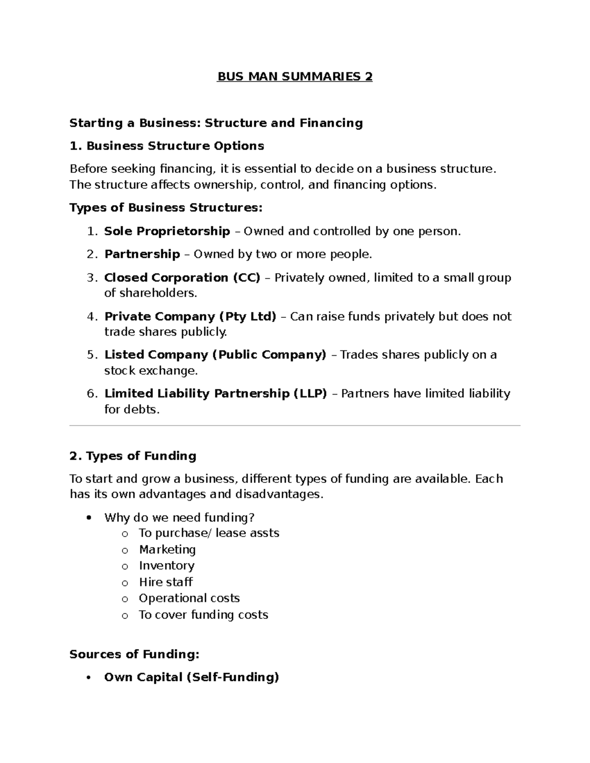 BUS MAN Summaries 2: Starting a Business - Structure & Financing - Studocu