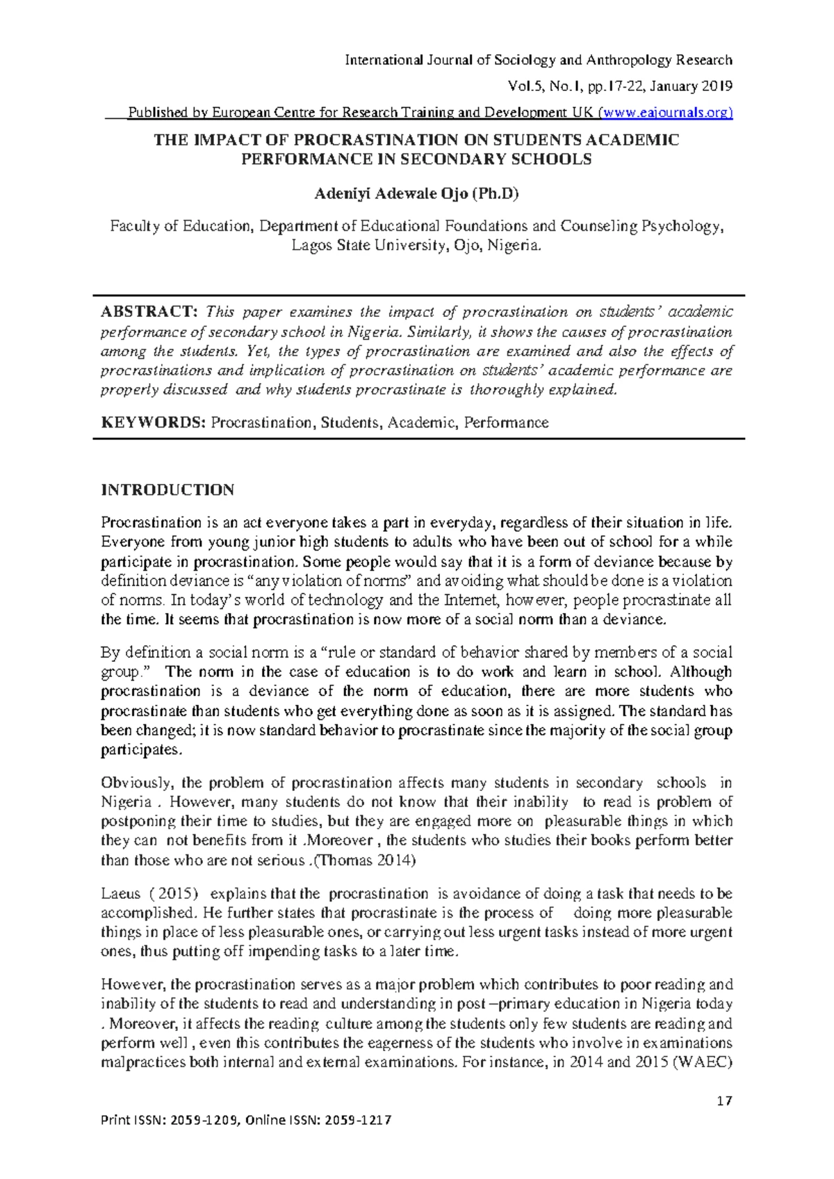 Prevalence of Academic Procrastination and Its Causes in University ...