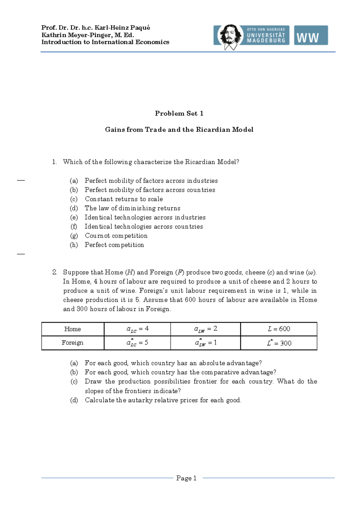 Introduction to International Economics: Problem Set 1 on Trade and ...