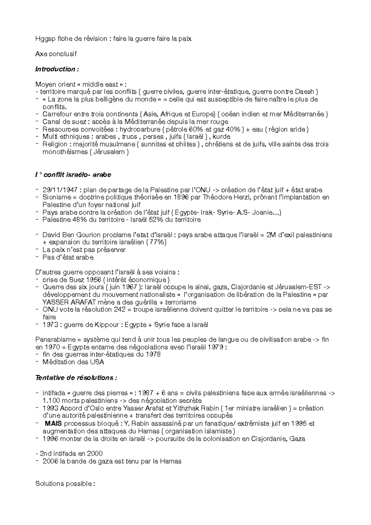 HGGSP Fiche de Révision Conflits au MoyenOrient et Résolutions Studocu