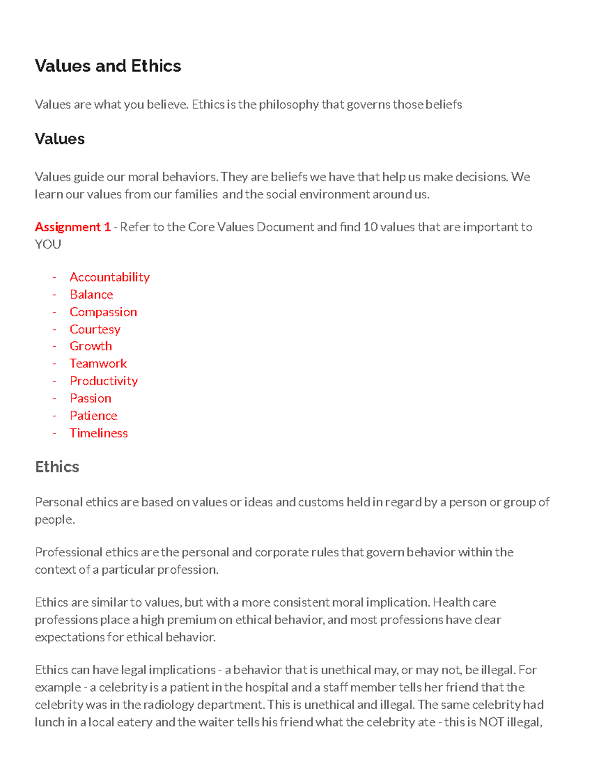 Values and Ethics Assignments - Values and Ethics Values are what you ...