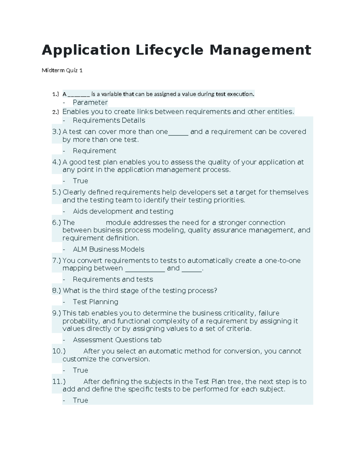Application Lifecycle Management Midterm Quiz 1 Review - Studocu