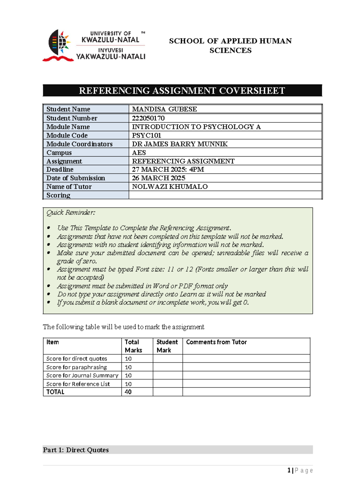 219 room number - assignment for pysc 101 - SCHOOL OF APPLIED HUMAN ...