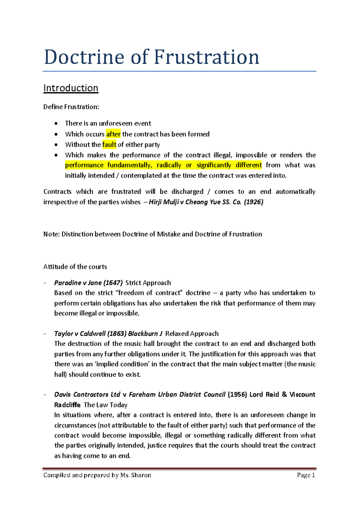 Contract Law - Frustration - SC - Doctrine of Frustration Introduction ...