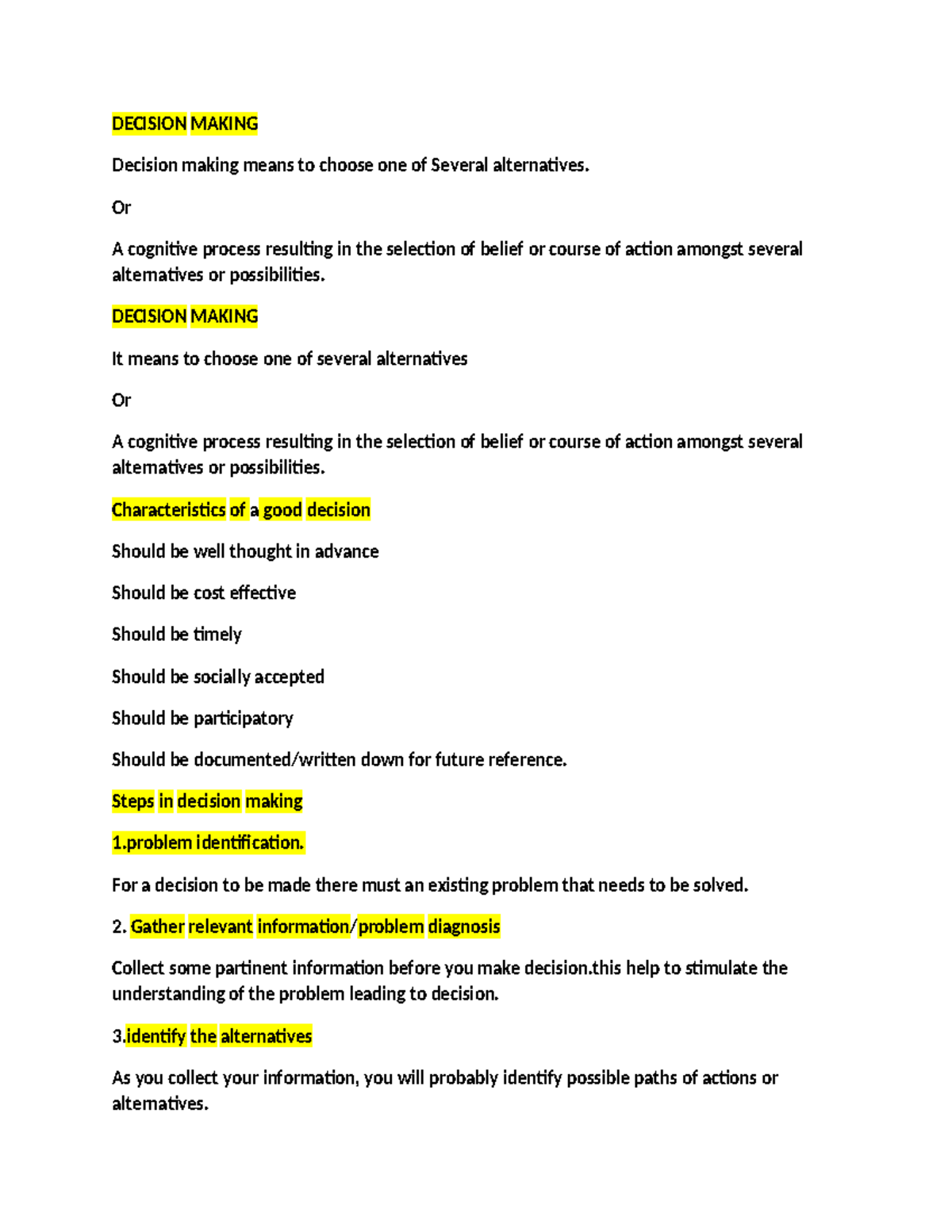 Decision Making - Key Concepts and Steps (Course Code: DM101) - Studocu