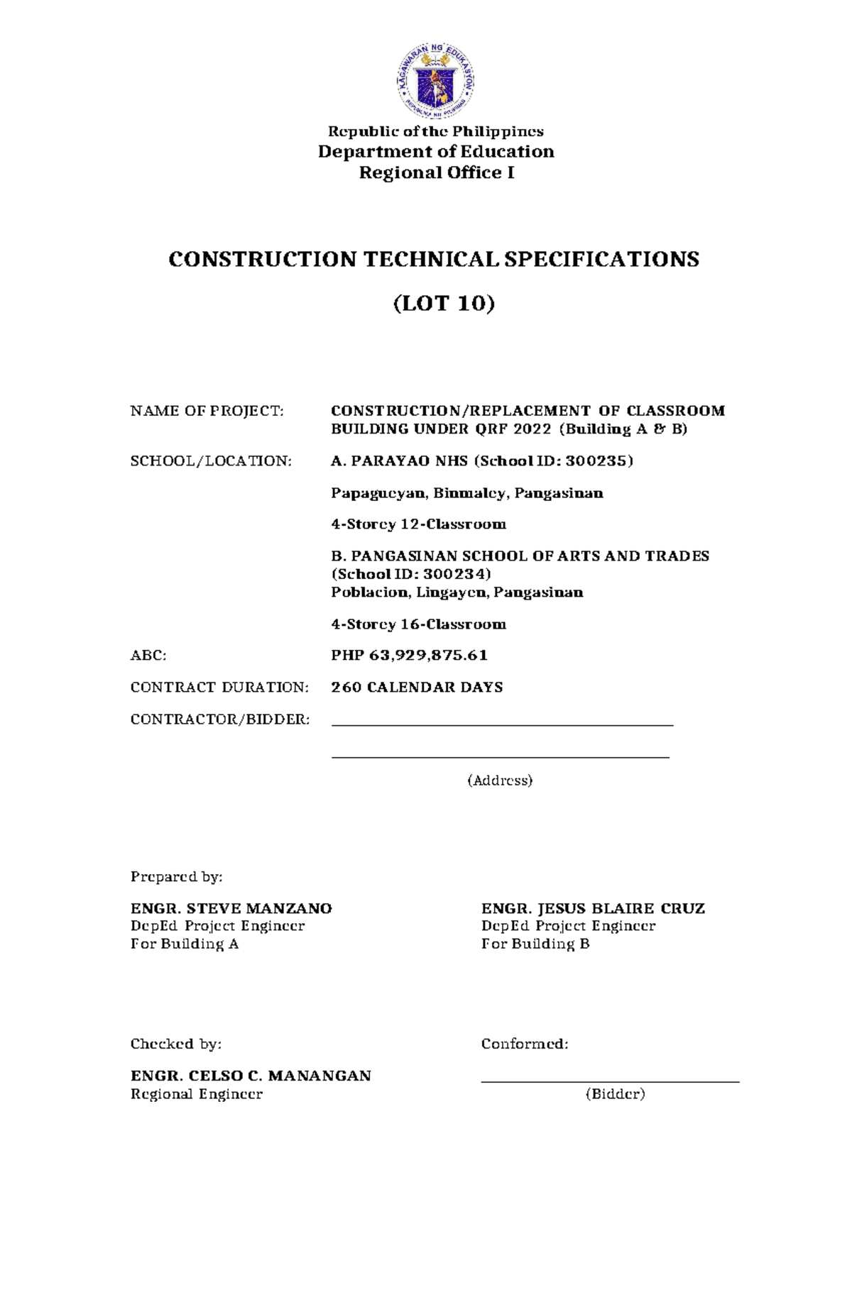 Technical Specifications for Classroom Building Project (QRF 2022 ...