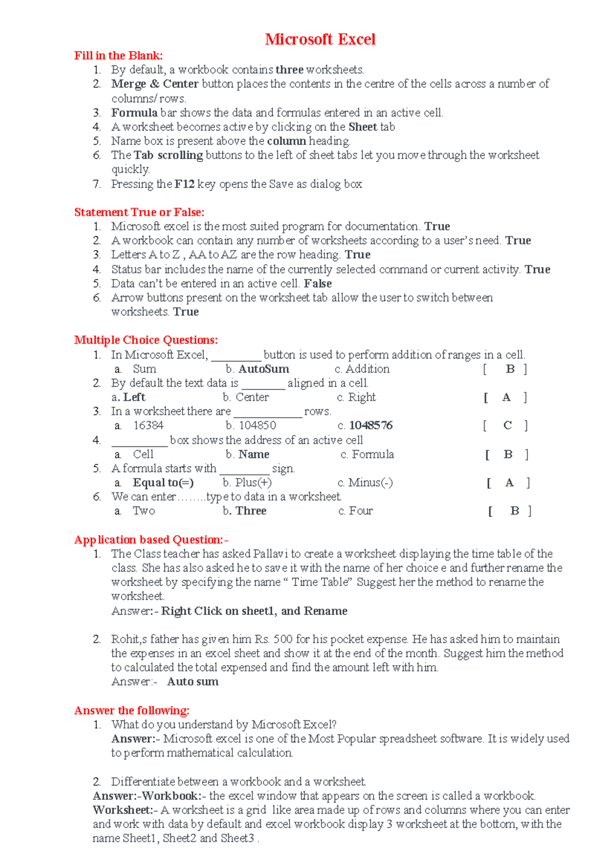 Microsoft Excel Notes and Exercises for Course CODE: EXCEL101 - Studocu