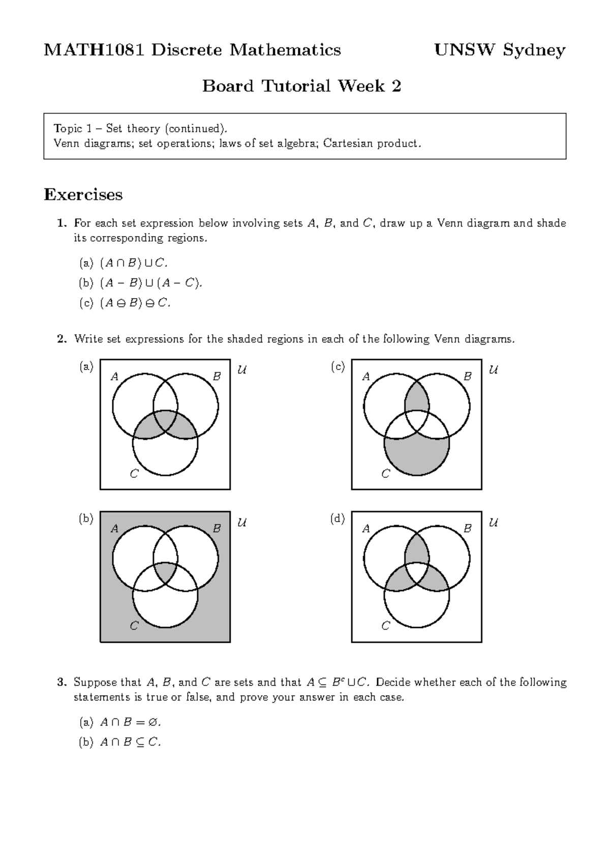 MATH1081 Discrete Mathematics Week 2 Tutorial: Set Theory & Venn ...