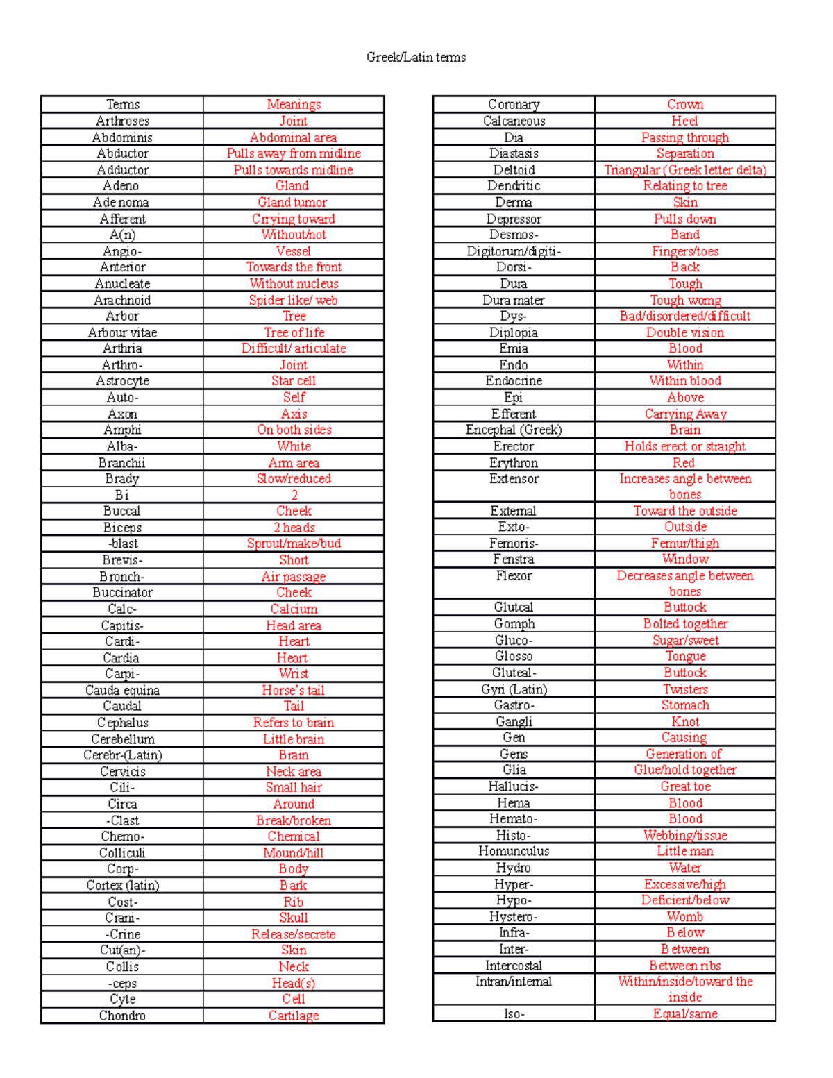 Human anatomy and physiology Greek Latin terms - Greek/Latin terms ...