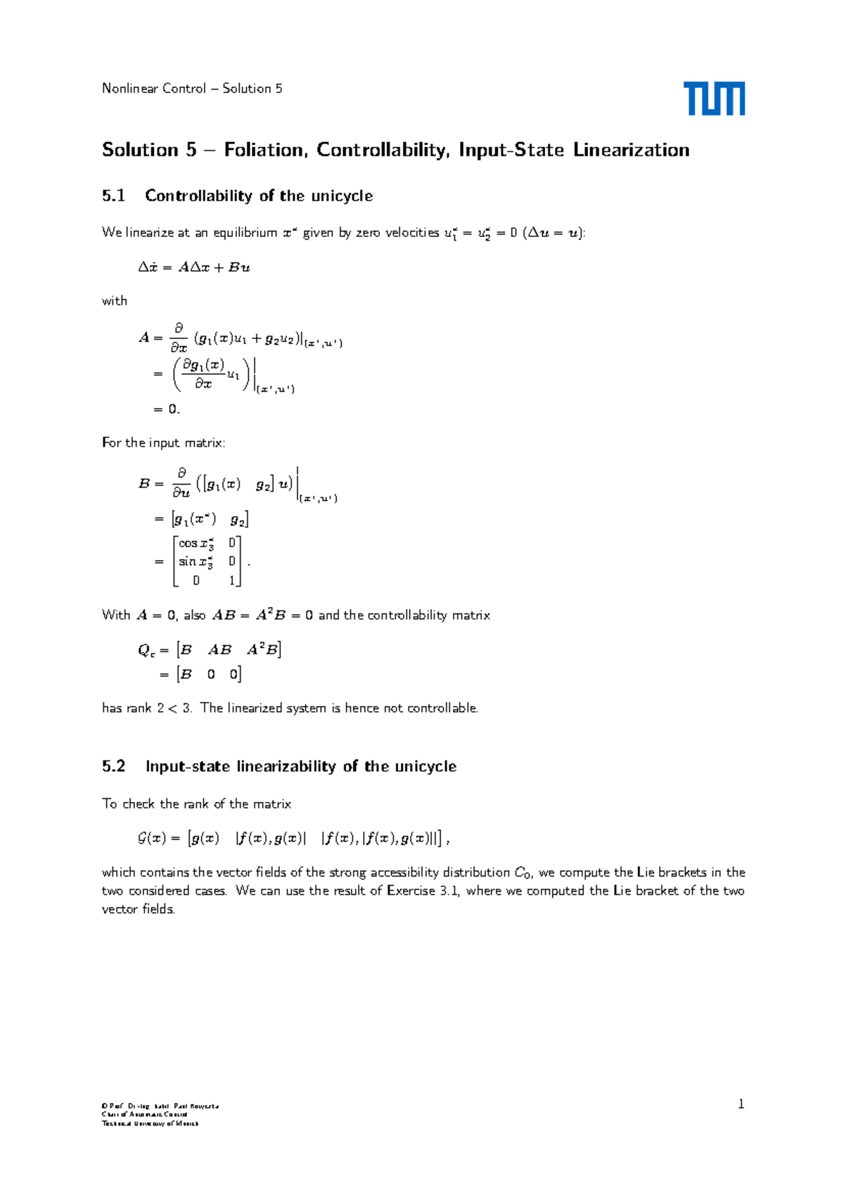 Nonlinear Control Solution 5: Foliation, Controllability, and ...